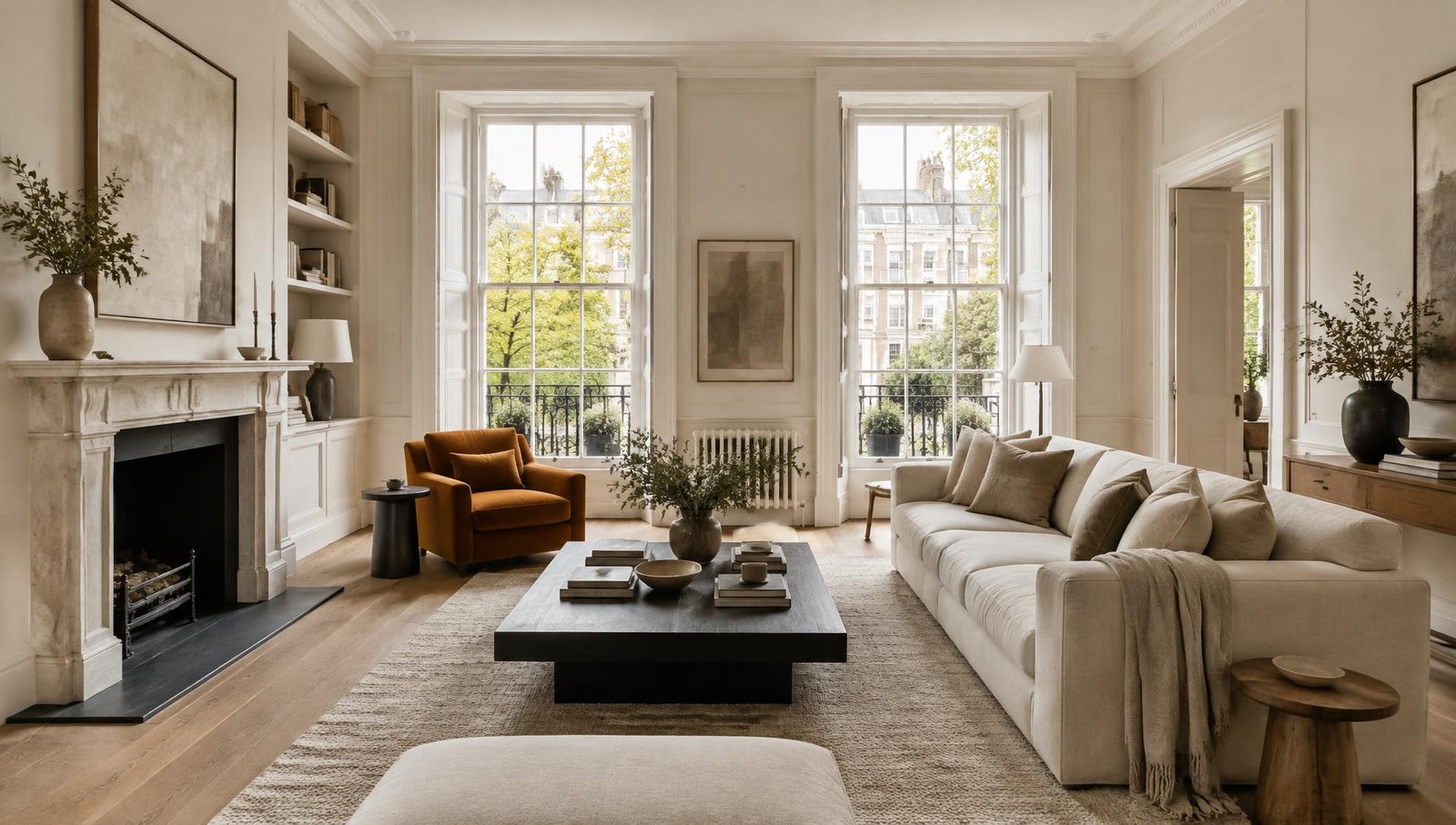 Refined London townhouse interior finished in warm neutral tones